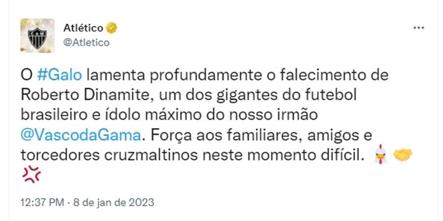 Post do Atlético-MG em homenagem a Roberto Dinamite