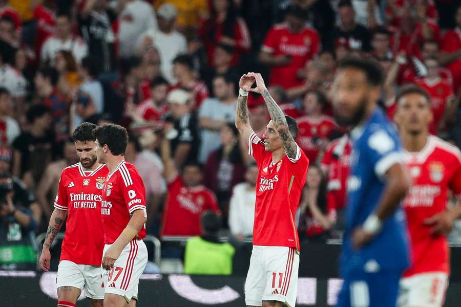 Benfica's Argentinian forward #11 Angel Di Maria celebrates after scoring 