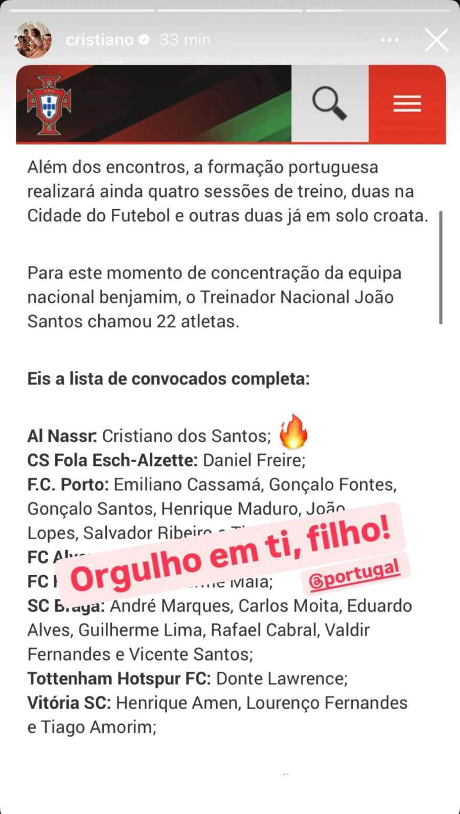 A publicação de Cristiano Ronaldo