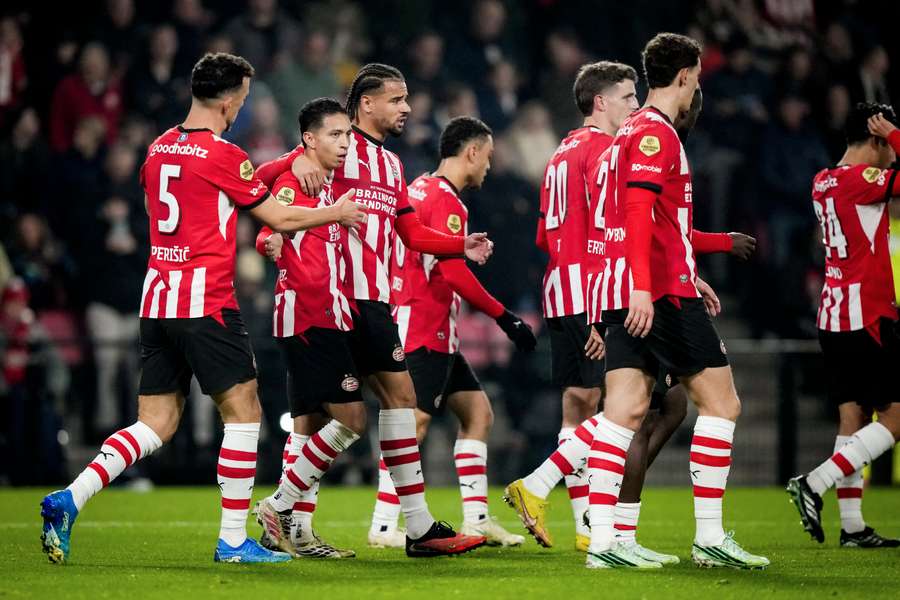 PSV celebrate Mauro Junior's goal against Willem II