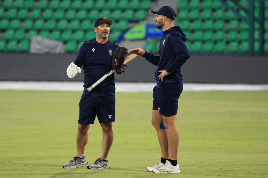 South Africa's Aiden Markram with coach Rob Walter during practice
