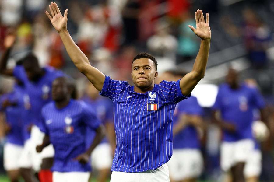 France's Kylian Mbappe during the warm up before the match