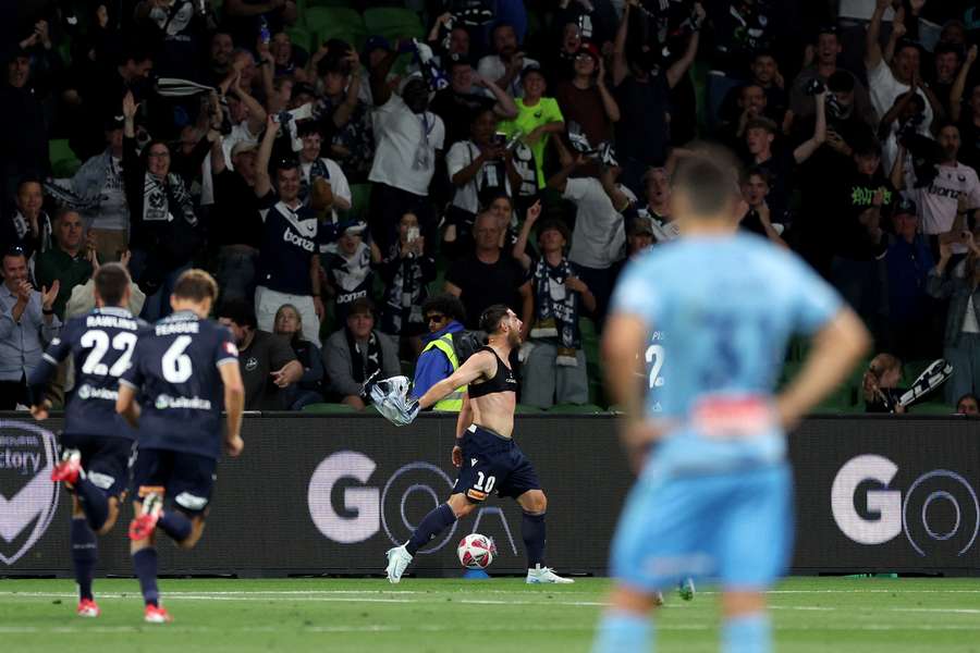 Bruno Fornaroli celebrates the most recent goal scored in this rivalry. 