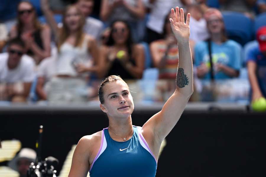 Sabalenka celebrates her victory against Mertens