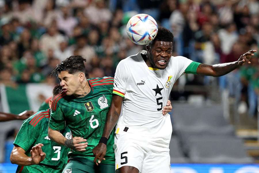 Thomas Partey of Ghana attempts a header against Gerardo Arteaga of Mexico during their match on October 14th, 2023