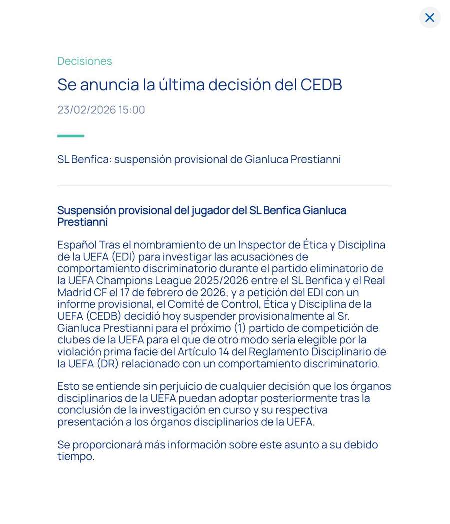 Informe da UEFA sobre a punição temporária Informe da UEFA sobre a punição temporária