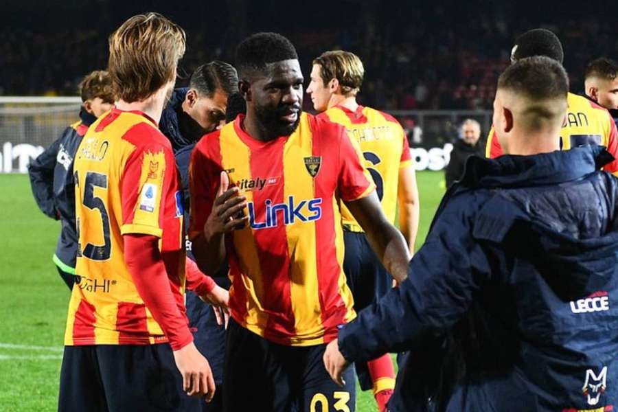 Samuel Umtiti was supported by Lecce teammates at the end of the match