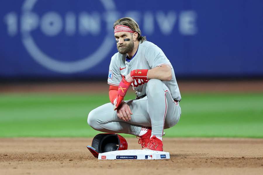 Bryce Harper looks on during Game 4 of the National League Divisional Series against the New York Mets (2024)