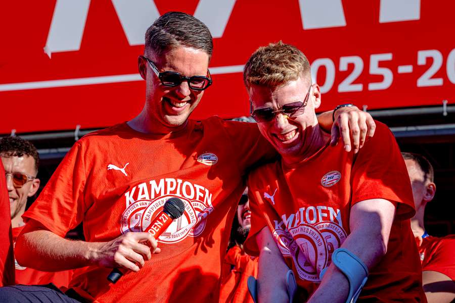 PSV's Joey Veerman (L) and Jerdy Schouten during Wednesday's title celebrations