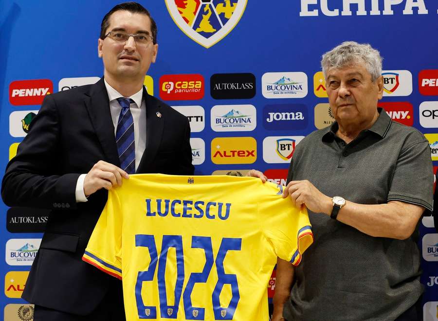 Mircea Lucescu and Romanian Football Federation President Răzvan Burleanu