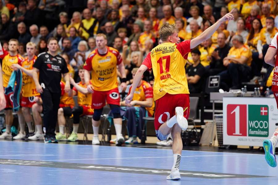 GOG's William Dalby celebrates scoring against the North Macedonians GOG's William Dalby celebrates scoring against the North Macedonians