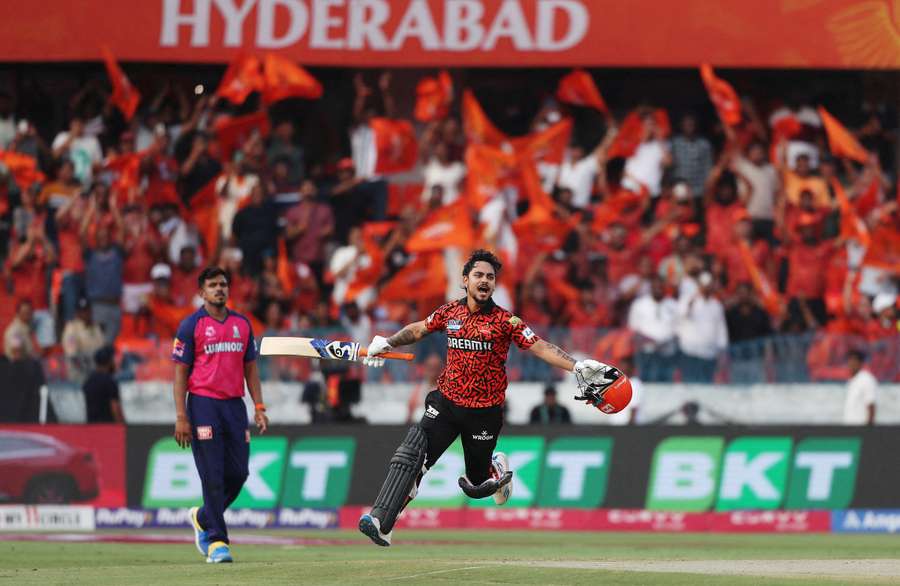 Sunrisers Hyderabad's Ishan Kishan celebrates after reaching his quite brilliant century against Rajasthan Royals