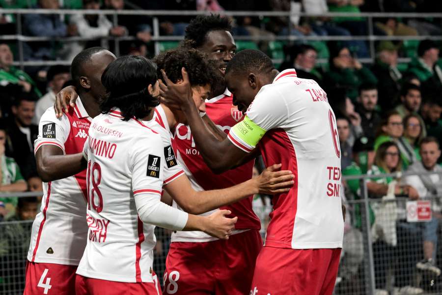 Monaco's players celebrate goal 