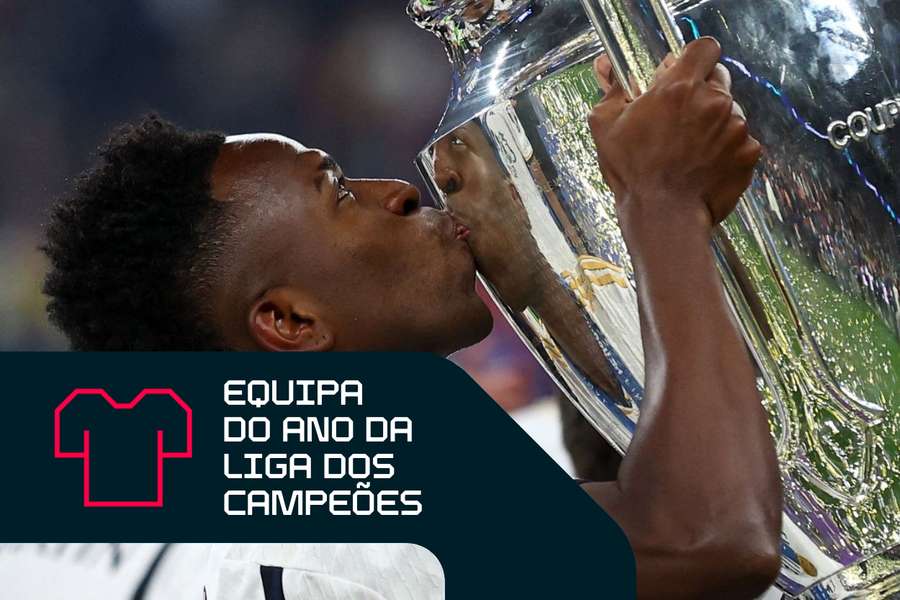 Vinicius Junior beija o troféu ao comemorar a vitória na Liga dos Campeões
