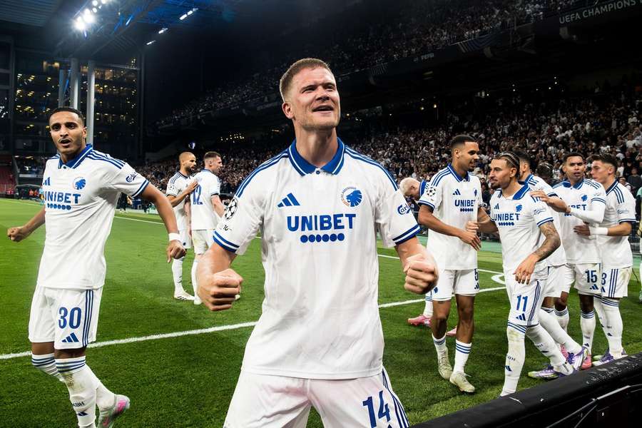 Andreas Cornelius and the rest of the FC Copenhagen outfit celebrating qualifying for the Champions League