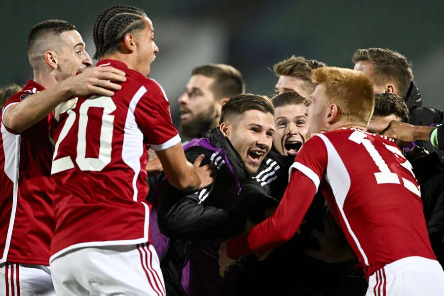 Hungary midfielder Zsolt Kalmar and teammates celebrate after Bulgaria scored an own goal deep into stoppage time