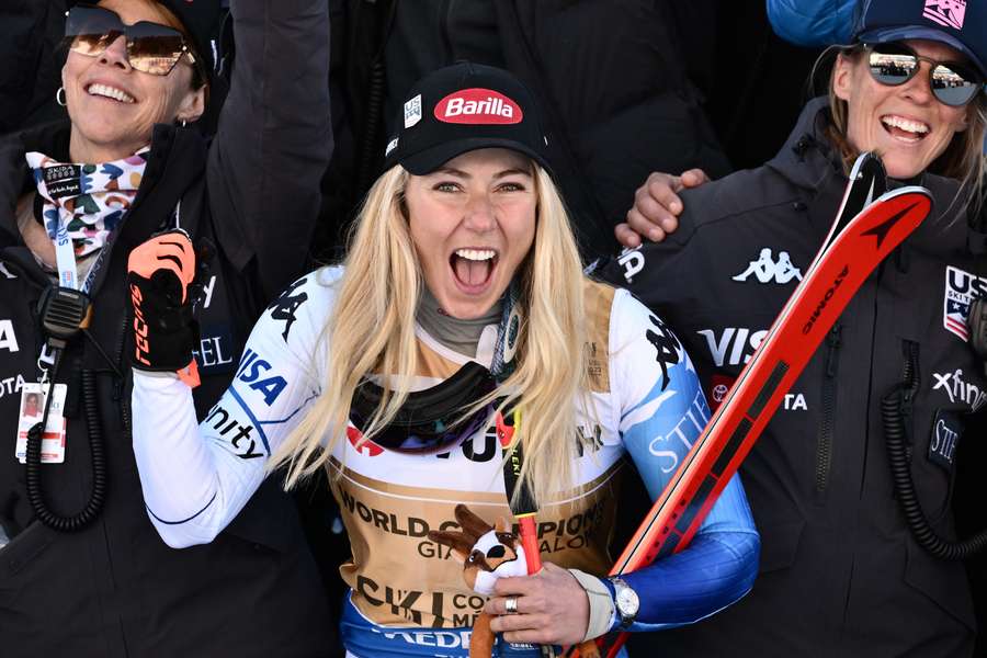 Mikaela Shiffrin celebrates winning her maiden giant slalom gold