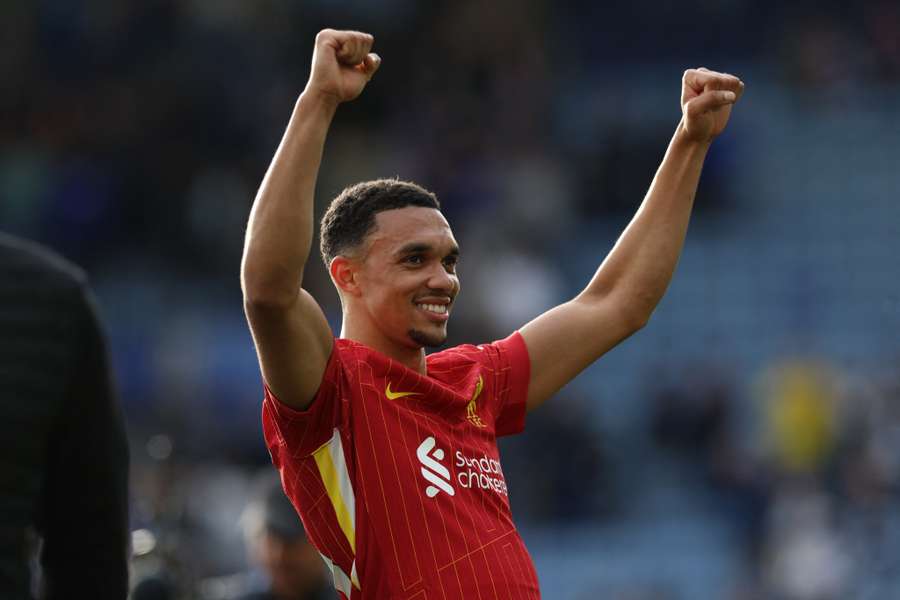 Trent Alexander-Arnold celebrates his goal for Liverpool against Leicester
