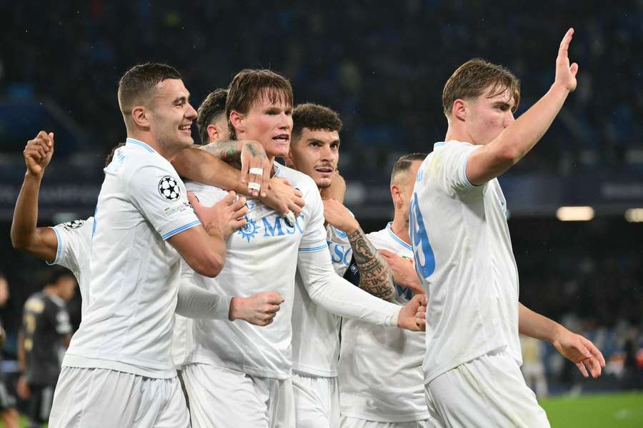 Napoli players celebrate after Scott McTominay's opening goal against Qarabag Napoli players celebrate after Scott McTominay's opening goal against Qarabag