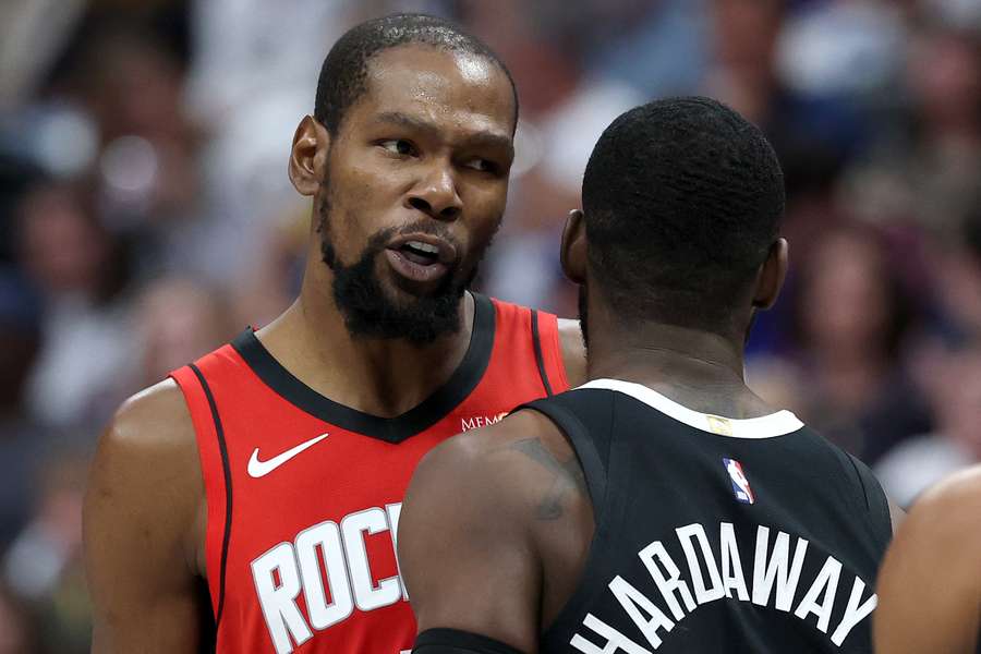 Houston's Kevin Durant (left) and Denver's Bruce Brown were involved in an angry altercation