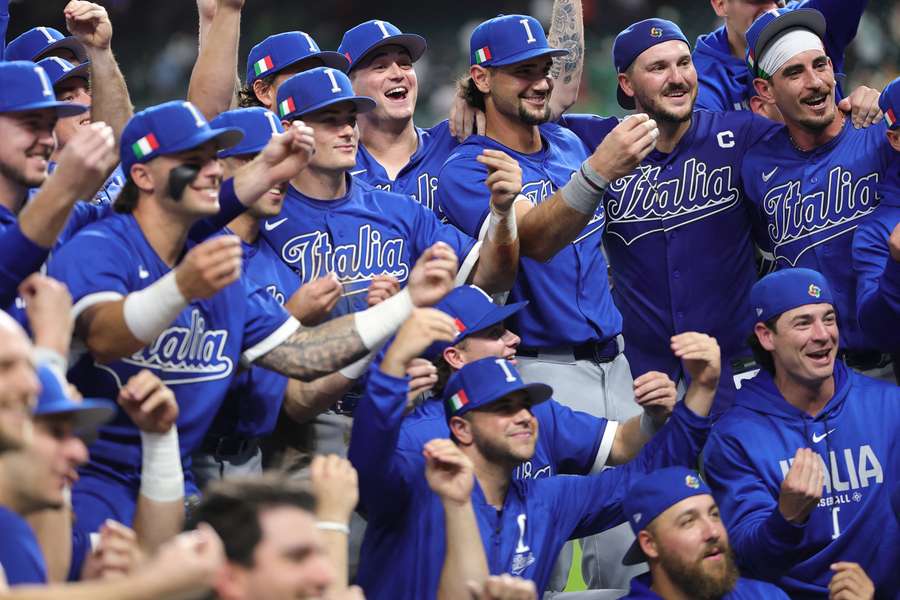 Italy celebrate winning Pool B at the World Baseball Classic.