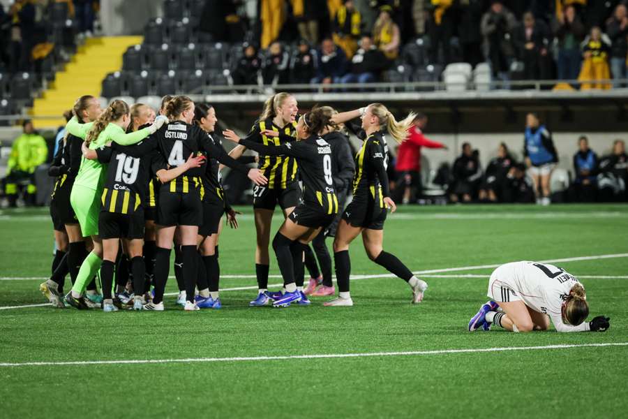 The Hacken players celebrate making the first-ever UEFA Women's Europa Cup final.