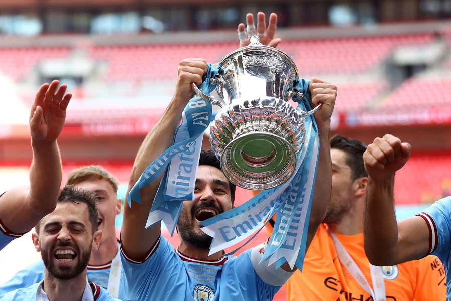 Gundogan celebrates winning the FA Cup with Man City