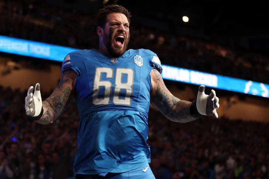 Taylor Decker reacts before a game