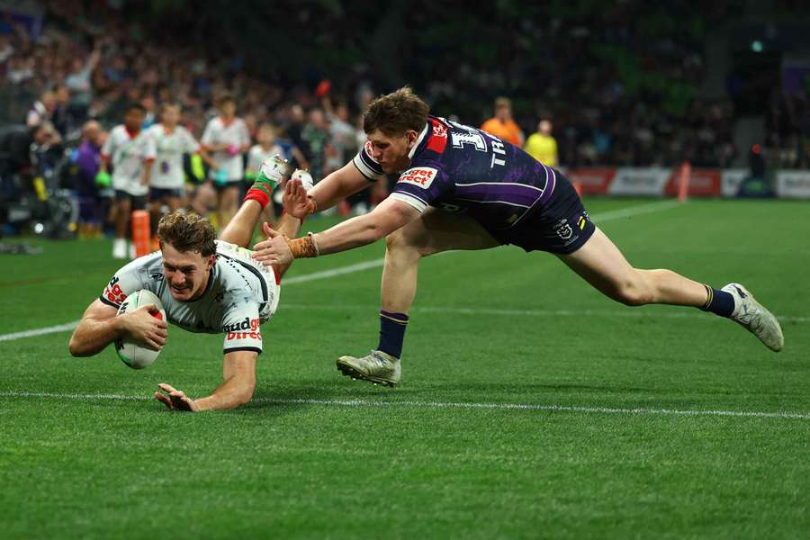 Campbell Graham dots down during the Rabbitohs' first ever win in Melbourne.