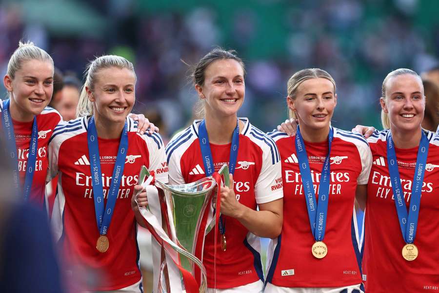 Arsenal's players with the Champions League trophy