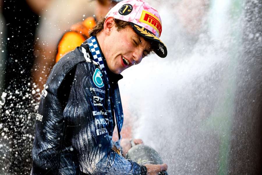 Kimi Antonelli is sprayed with champagne Kimi Antonelli is sprayed with champagne