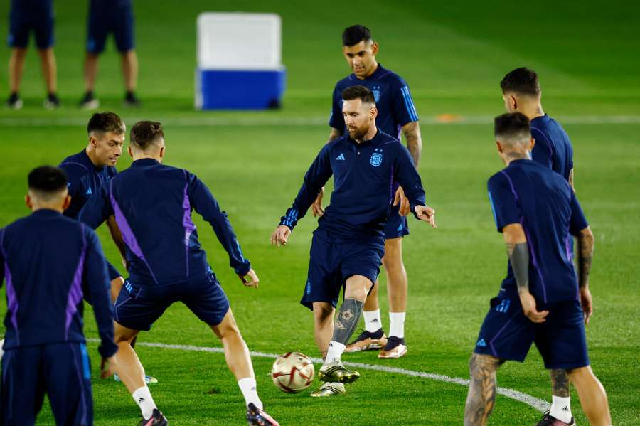 Lionel Messi practicing with his Argentina teammates