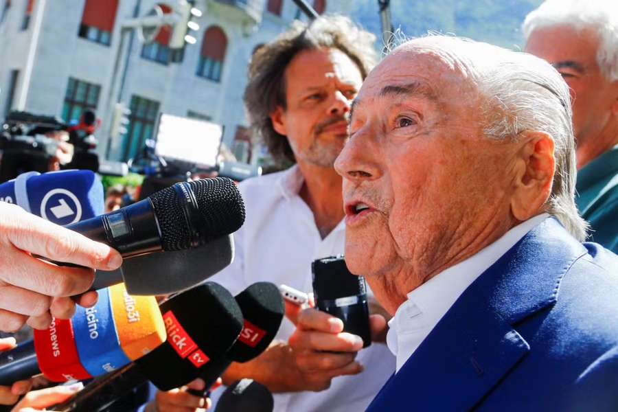 Former FIFA President Sepp Blatter speaks to the media after a trial at the Swiss Federal Criminal Court