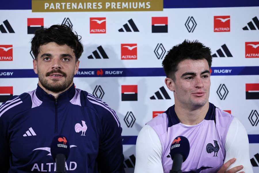 Nolann Le Garrec and Romain Ntamack speak to reporters in France on Thursday. Nolann Le Garrec and Romain Ntamack speak to reporters in France on Thursday.