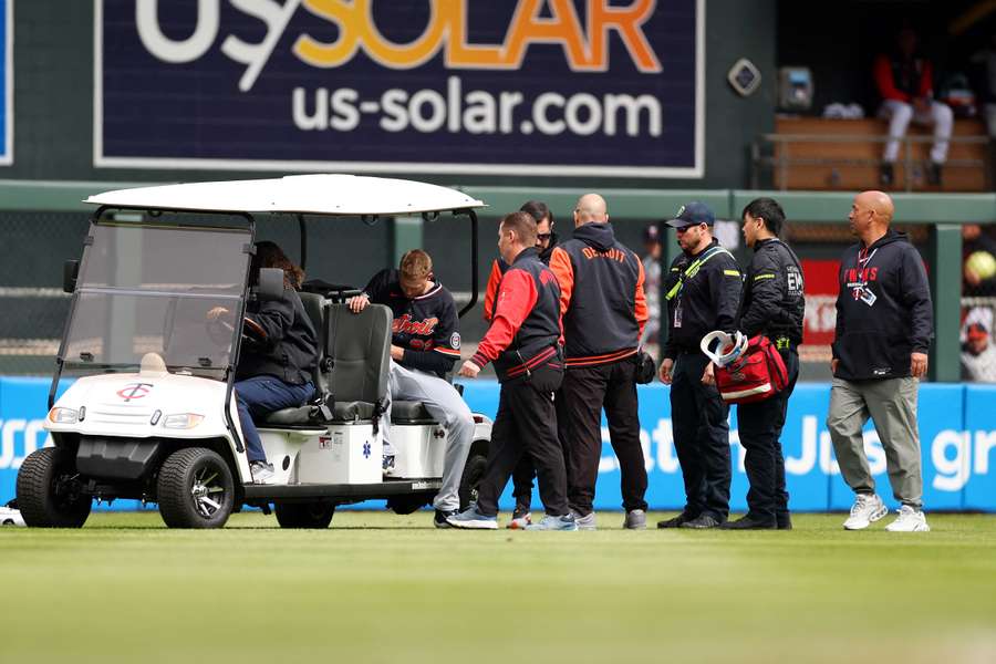 Parker Meadows is carted off the field during the Detroit Tigers' loss in the MLB on Thursday.