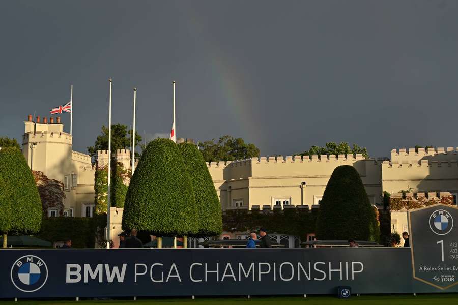 A Union flag flies at half mast following the announcement of the death of Queen Elizabeth II on day 1 of the BMW PGA Championship at Wentworth.