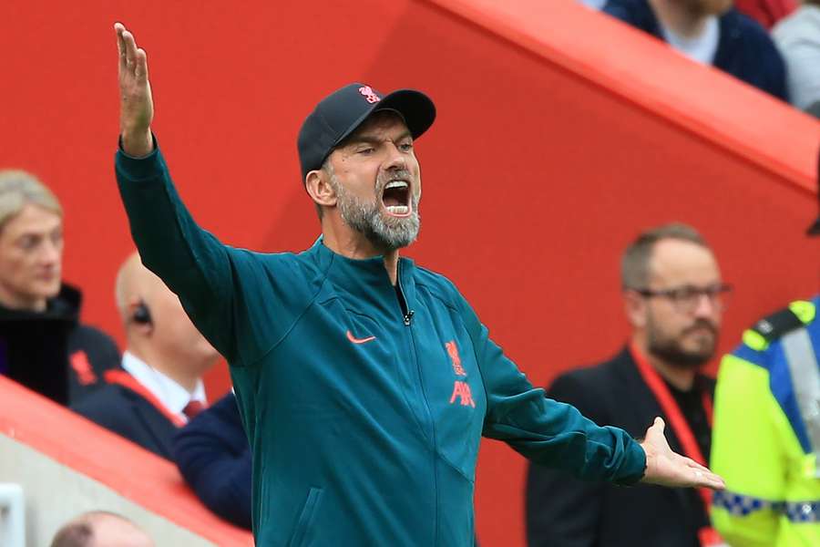 Liverpool's manager Jurgen Klopp gestures on the touchline during the English Premier League match between Liverpool and Brighton