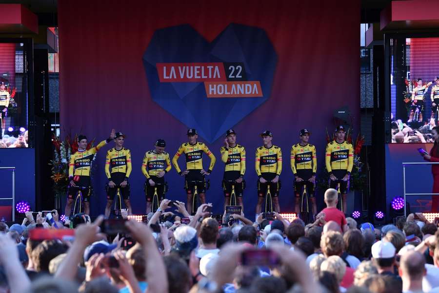 Primoz Roglic, far left, greets the crowd at the team presentation in Utrecht