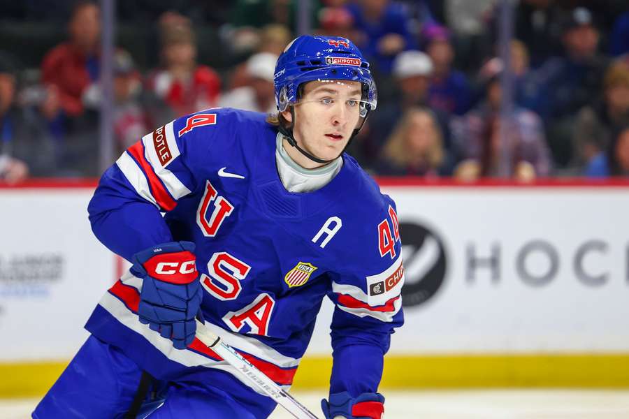 USA's Cole Hutson skates during 2025 World Juniors