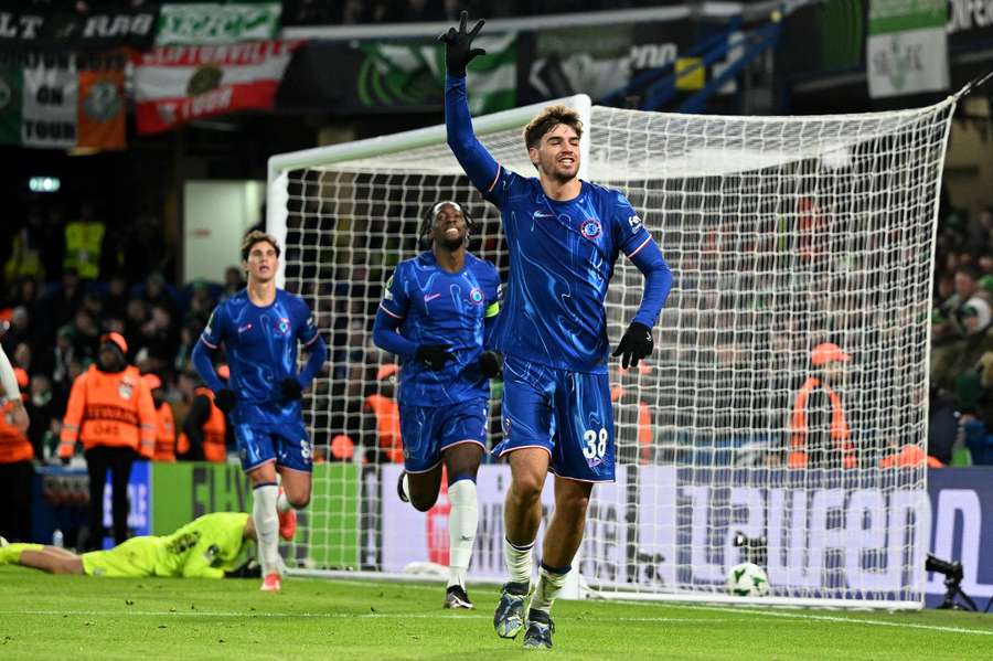 Chelsea's Spanish striker #38 Marc Guiu celebrates scoring his hat-trick