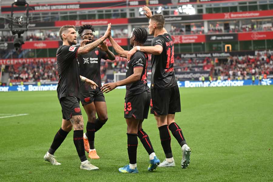 Bayer Leverkusen celebrate Nathan Tella's goal
