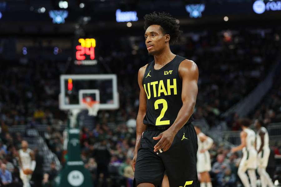 Collin Sexton reacting during a game against the San Antonio Spurs (2024) Collin Sexton reacting during a game against the San Antonio Spurs (2024)