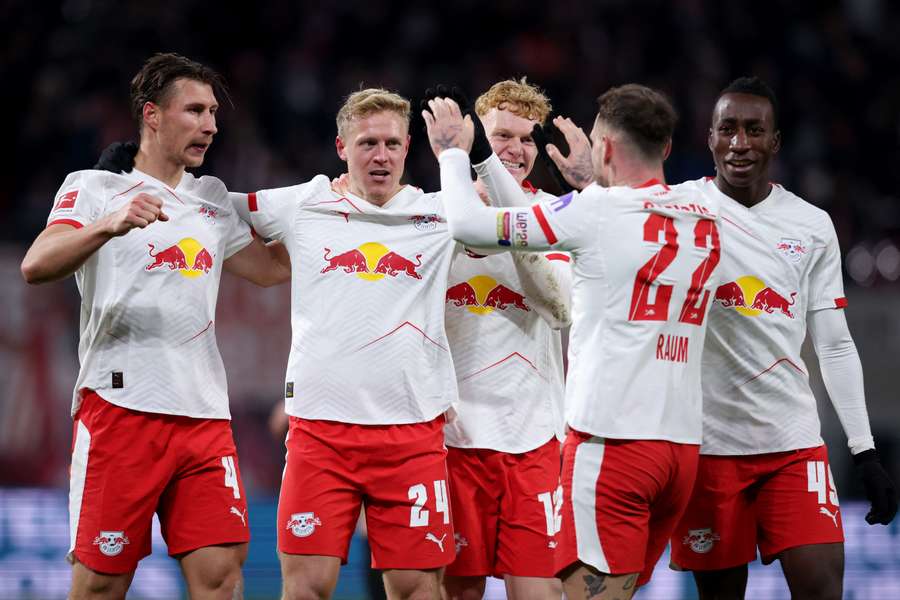RB Leipzig's players celebrate their second goal