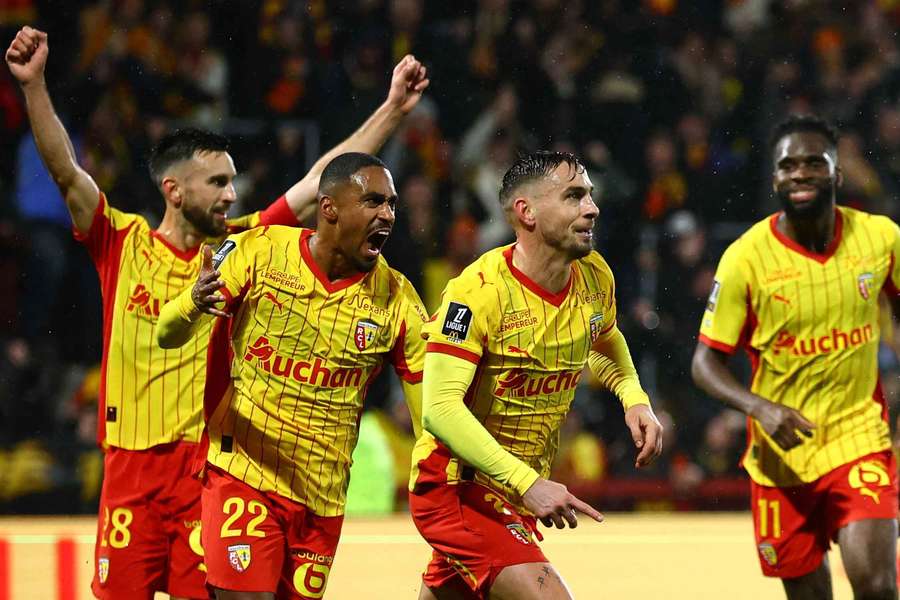 Lens' Ruben Aguilar celebrates scoring their first goal against Le Havre