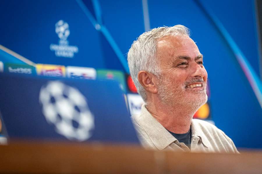Jose Mourinho smiles during a pre-match press conference at the Olympic Stadium in Rome Jose Mourinho smiles during a pre-match press conference at the Olympic Stadium in Rome