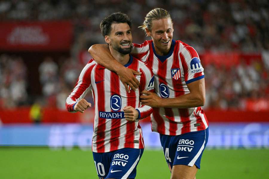 Atletico Madrid's Alex Baena (left) celebrates scoring Atletico Madrid's Alex Baena (left) celebrates scoring