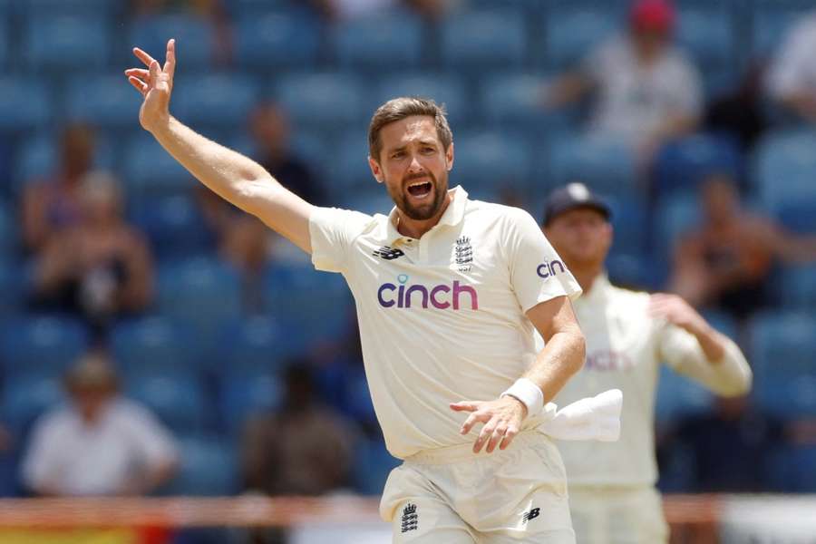 England's Chris Woakes reacts