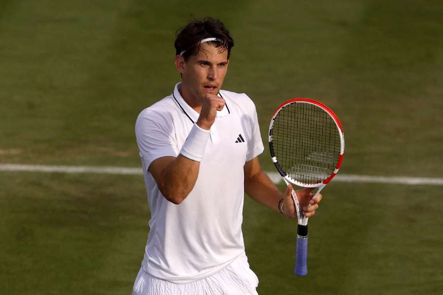 Dominic Thiem reacts during his first-round win over Stefanos Tsitsipas at Wimbledon