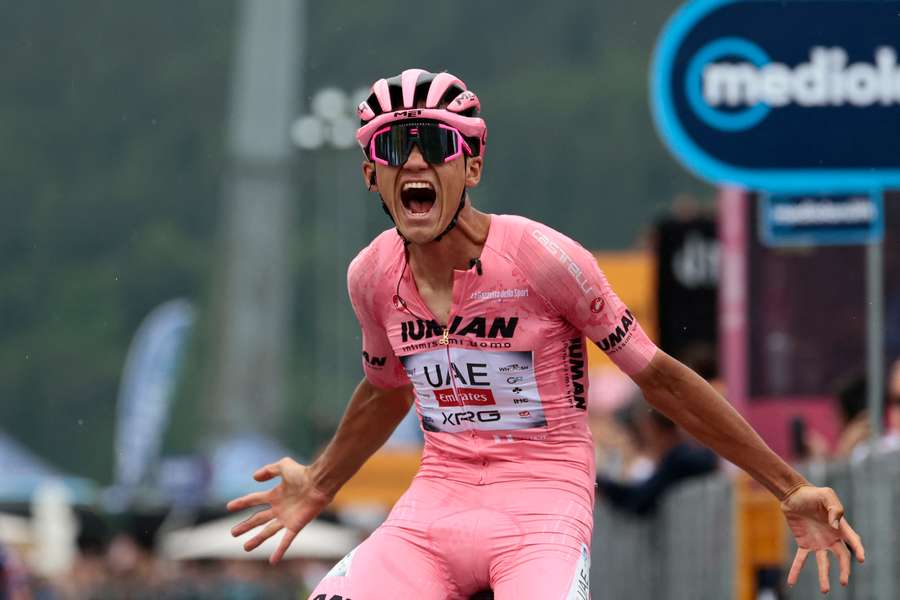 Team UAE's Isaac Del Toro celebrates as he crosses the finish line to win the 17th stage of the Giro d'Italia Team UAE's Isaac Del Toro celebrates as he crosses the finish line to win the 17th stage of the Giro d'Italia