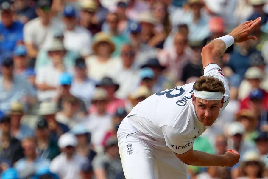 England's Stuart Broad bowls during play on day two of the first Ashes cricket Test match between England and Australia